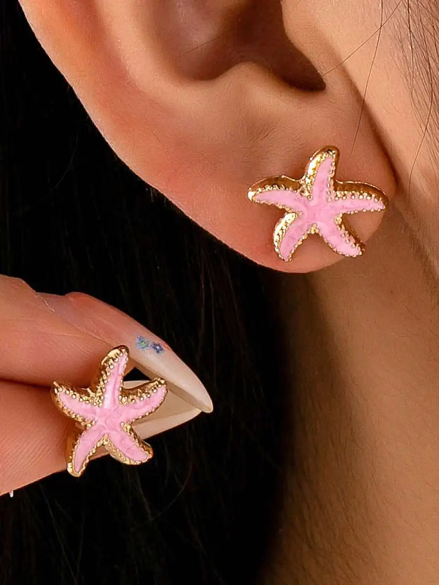 Beautiful Pink Enamel Starfish Stud Earrings With Gold-Tone Alloy Frame For Women