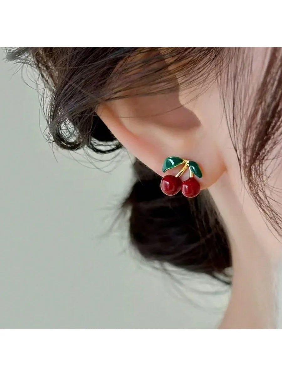 Cherry Design Stud Earrings For Women Red And Green Gemstone Fashion Jewelry