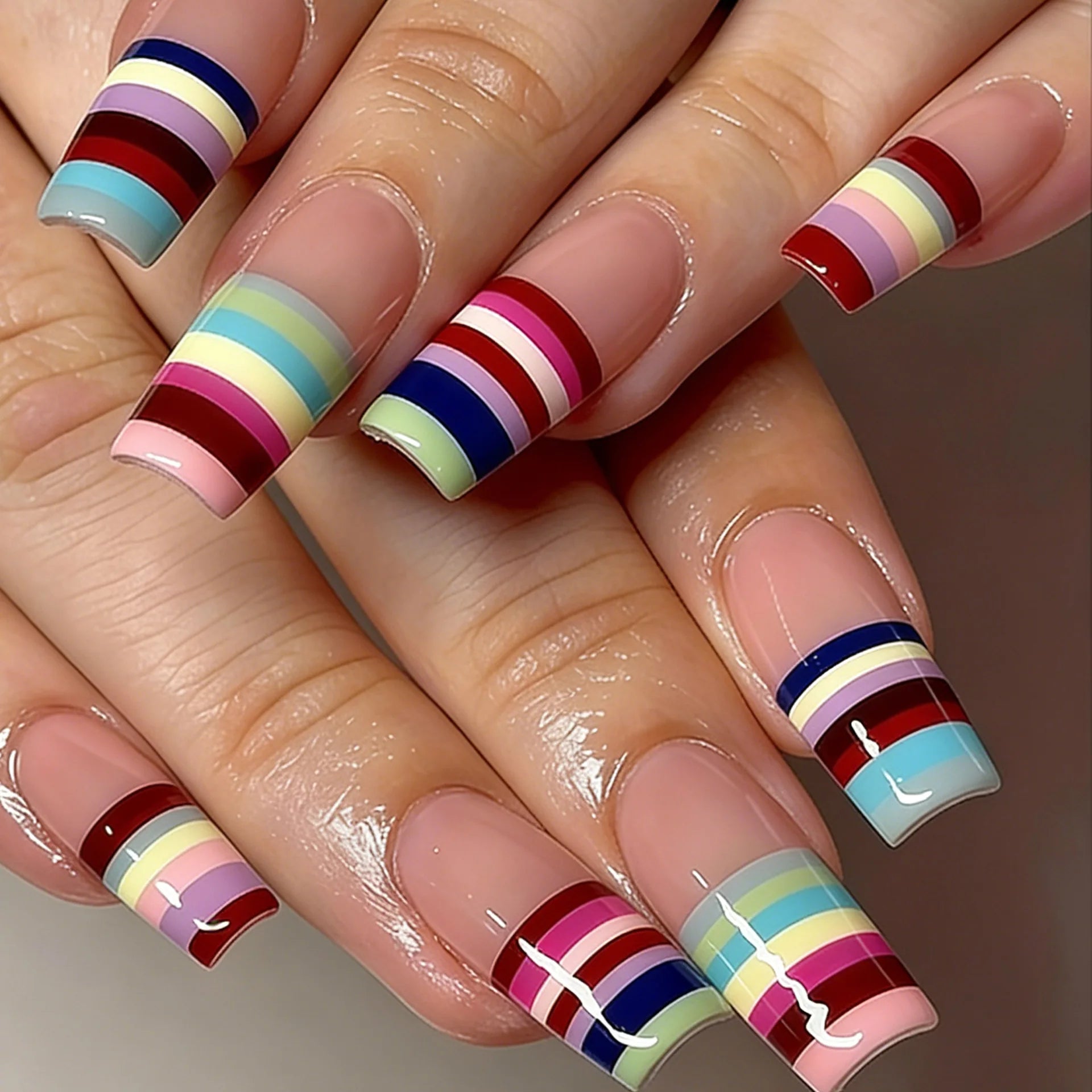 24PCS French Press on Nails Sweet Punk Vine Striped Pink Black French Nail Tip