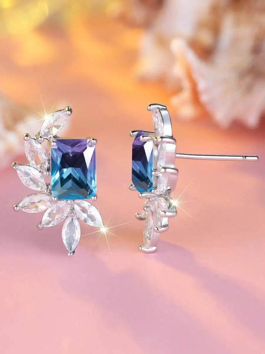 Sea Blue Rectangular Cubic Zirconia Leaf Design Elegant Earrings For Women