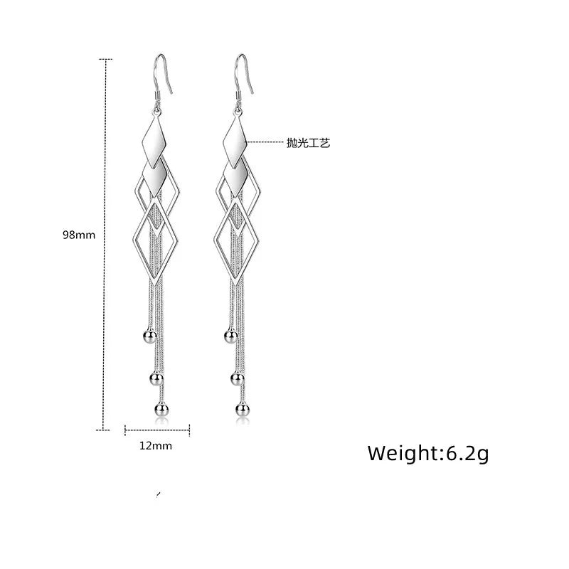 Fashion 925 Sterling Silver Long Earrings Diamond-Shaped