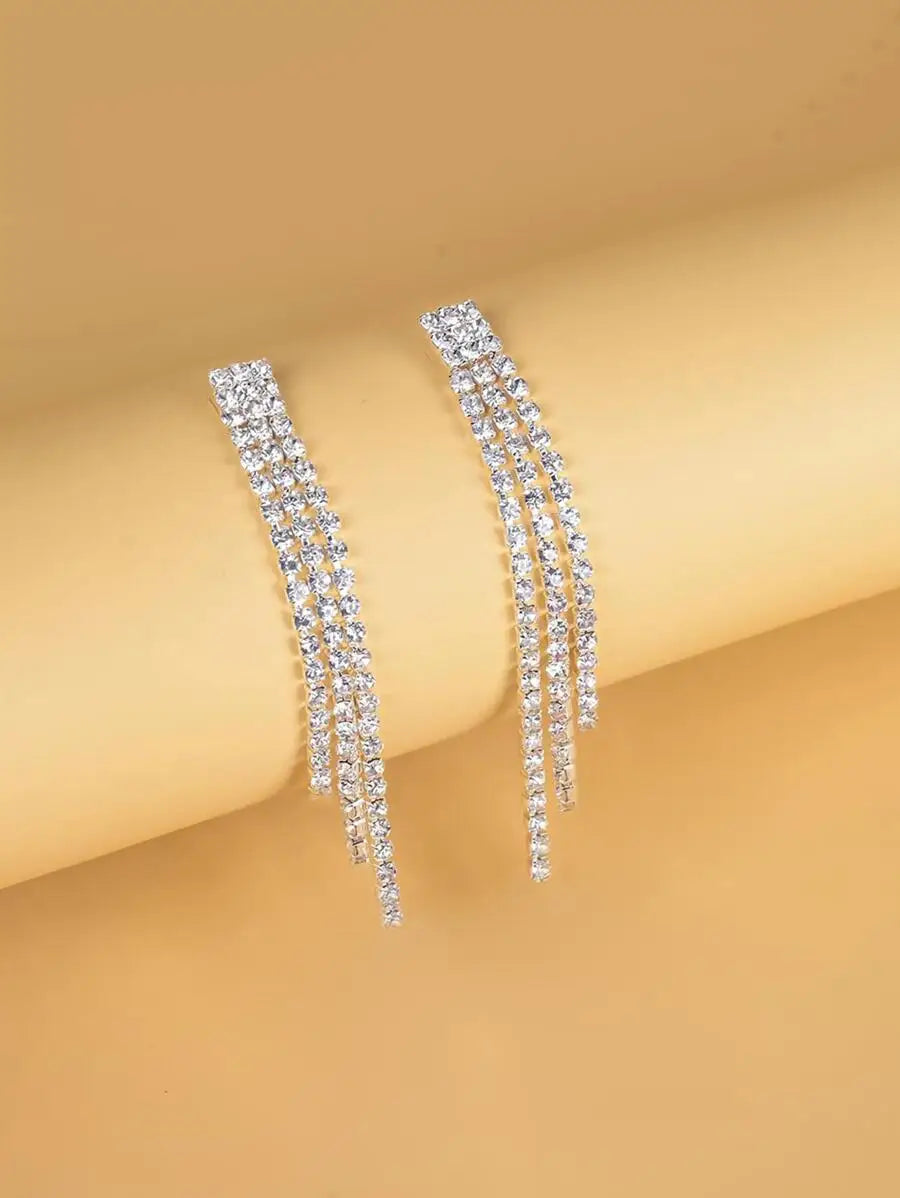 Womens Tassel Drop Earrings With White Zirconia, Mid-Length, Shiny Fashion Jewelry