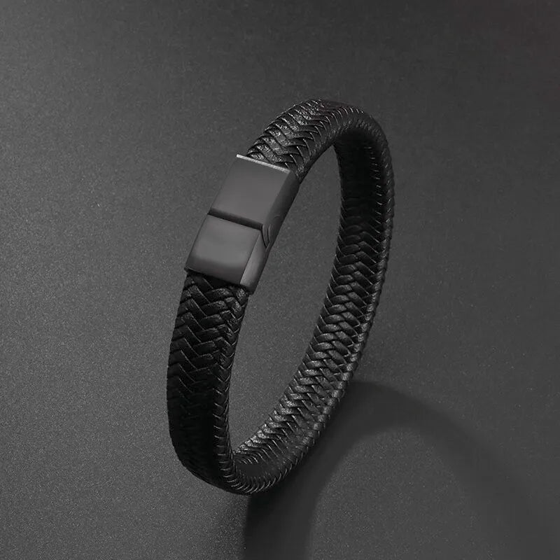 Charm Black Woven Faux Leather Bracelet for Men Fashion Bracelets Metal Magnetic Buckle Bead