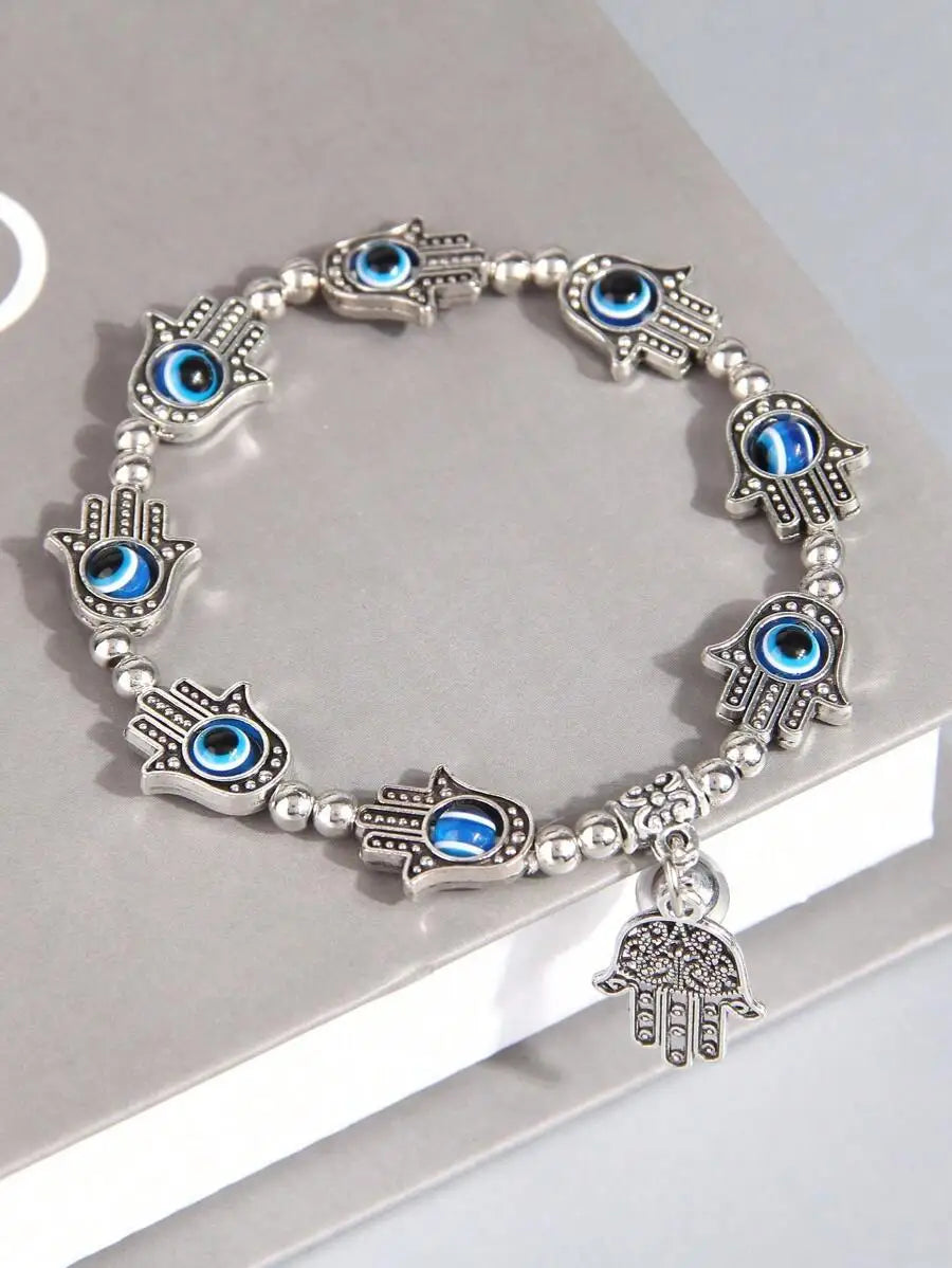 Hamsa Palm And Evil Eye Beaded Charm Bracelet For Women