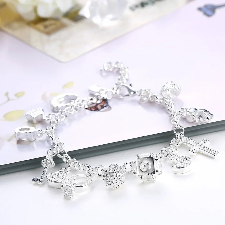 Fashion 925 Sterling Silver Bracelet for Woman Pretty Heart Zircon Pendant Chain 20CM 8inch