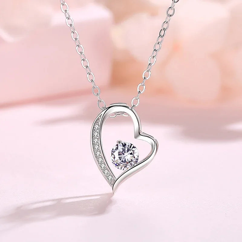 New 925 Sterling Silver Necklace Heart 5A Zircon for Women