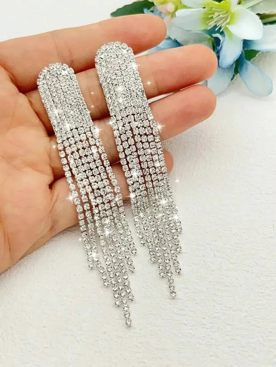 Womens Tassel Drop Earrings With White Zirconia, Mid-Length, Shiny Fashion Jewelry