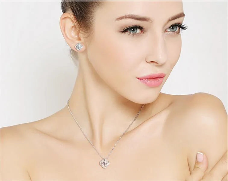 Elegant 925 Silver Four Leaf Clover Choker Flower Pendant Necklaces Chain