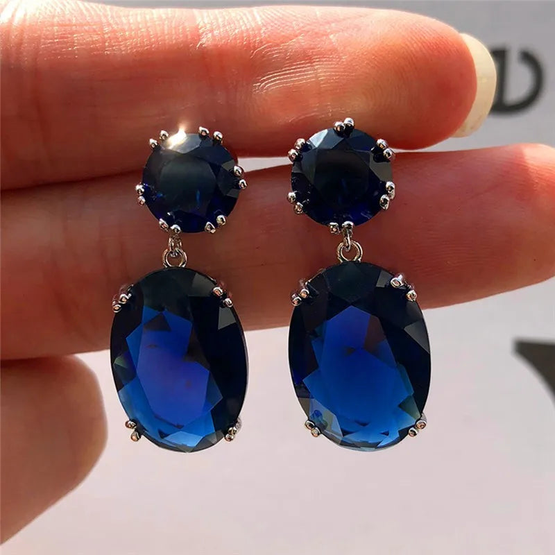 Fashion Jewelry Ladies Blue White Water Drop Shaped Crystal Rhinestone Zircon Metal Dangle Earring for Women