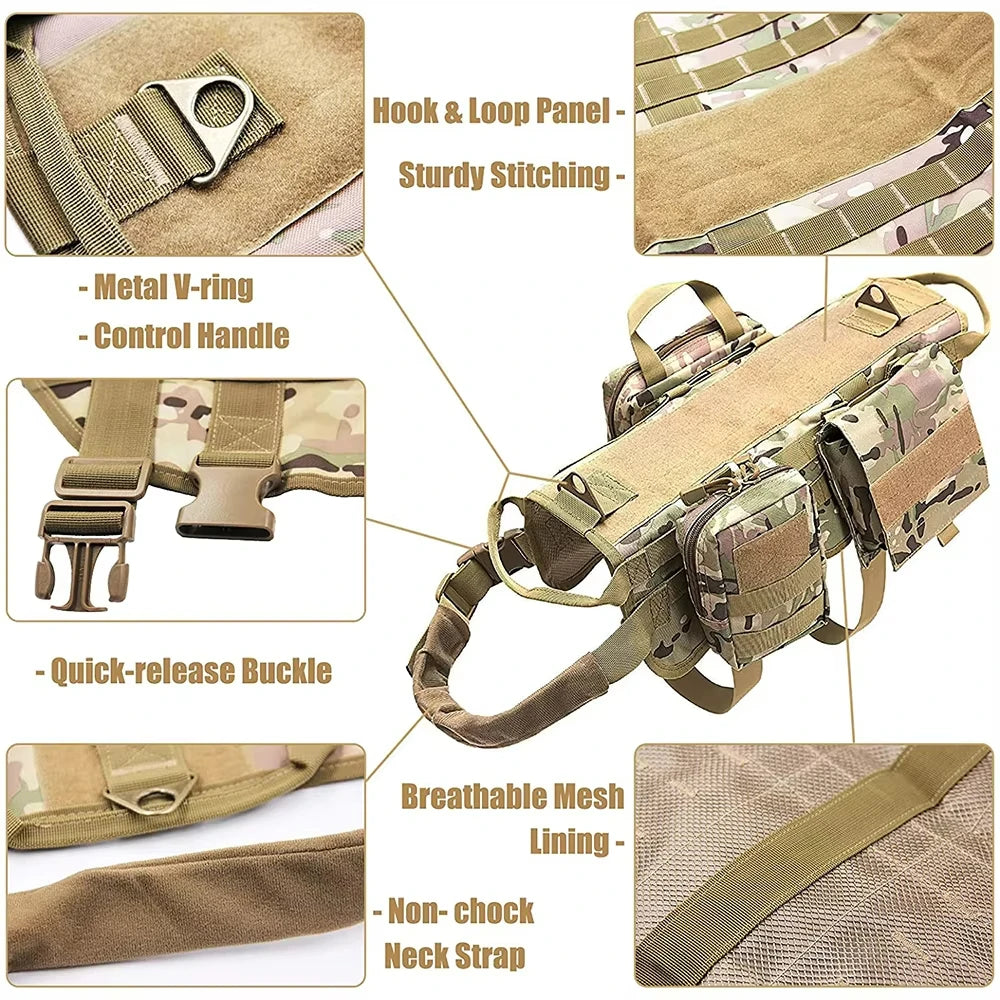 Large Dog Tactical Harness & Leash with MOLLE Pouches Military Vest with Handle