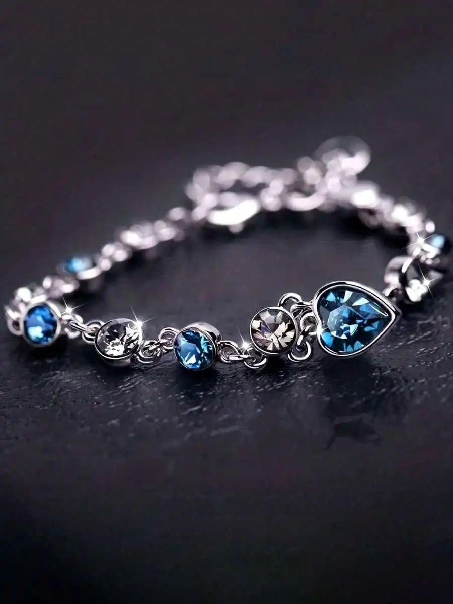 Stunning Blue Heart-Shaped Rhinestone Charm Bracelet For Women – Elegant Fashion Jewelry