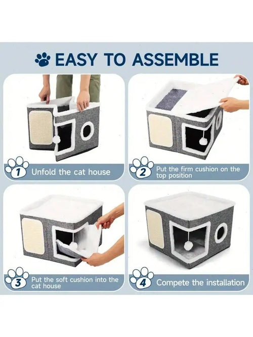 4-Season Multi-Level Cat House: Foldable Indoor Play Cube with 2-Layer Bed