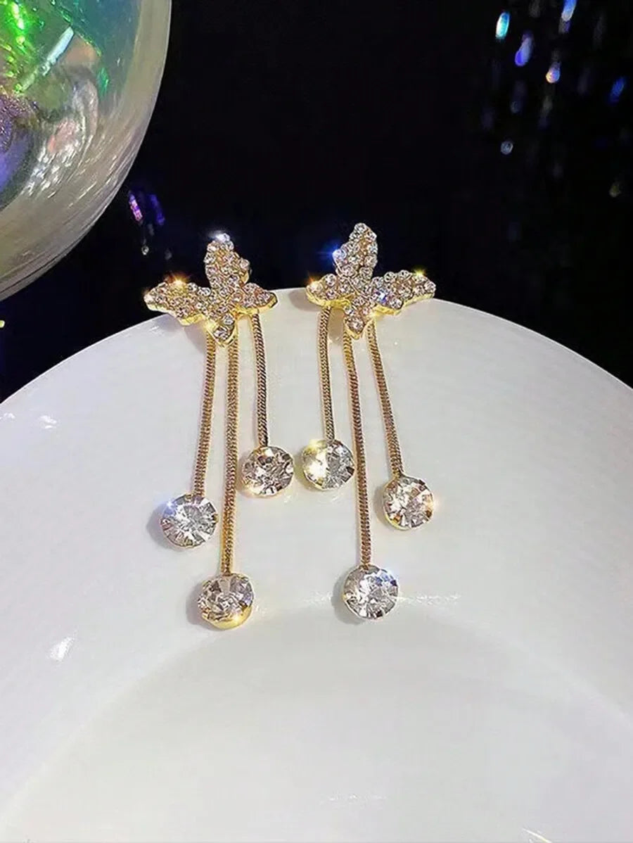 Sparkly Butterfly Drop Earrings With Crystal Tassels For Women
