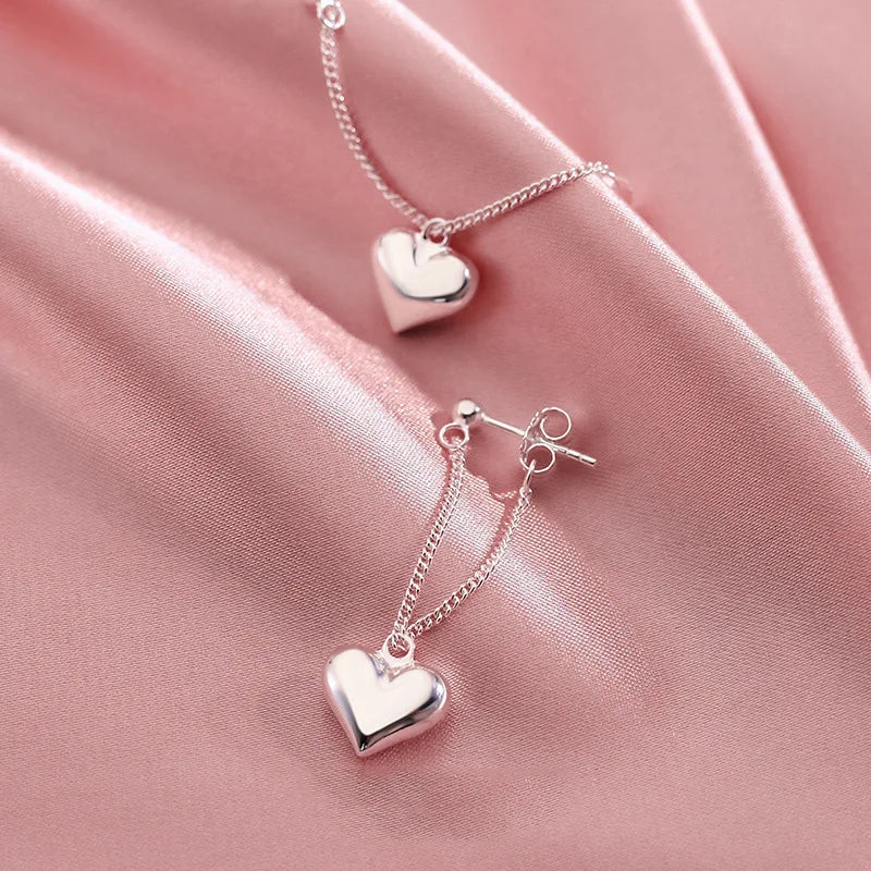 Silver Needle Earrings for Women Smooth Heart Chain Tassel Earrings