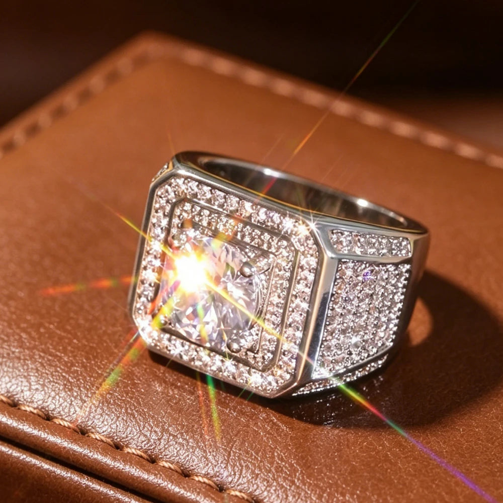Elegant Men's Heavyweight Geometric Square Wide Ring with 3D Surrounding Shimmering Stone