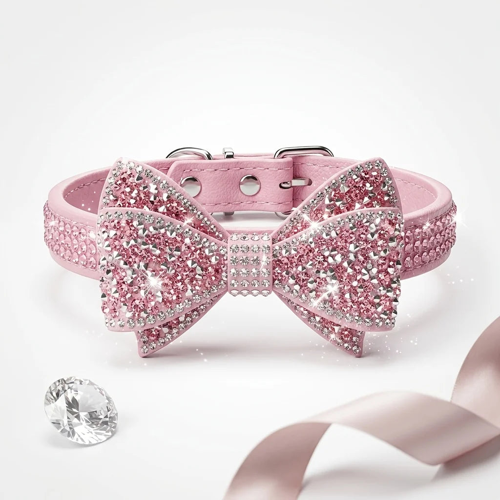 Dog / Cat Collar Pink Rhinestone Bow Princess Style No Choke Secure Stones