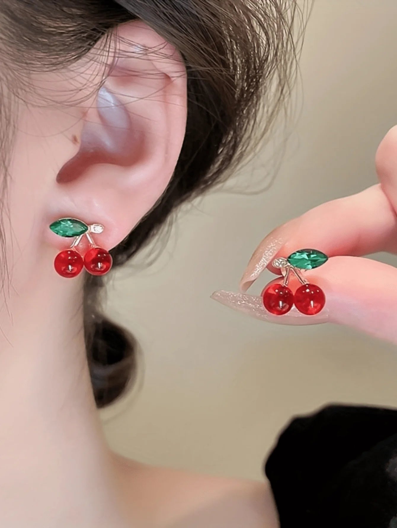 Cherry Design Stud Earrings For Women Red And Green Gemstone Fashion Jewelry