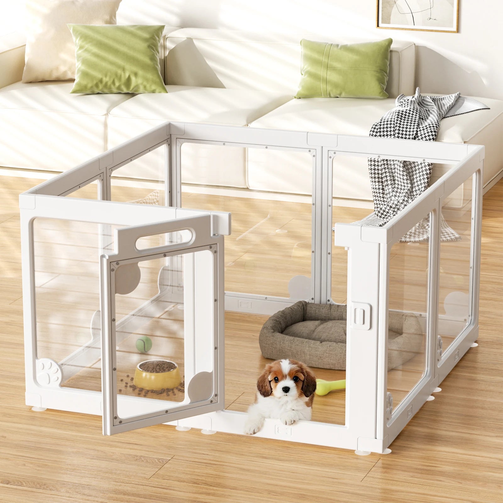 Clear Acrylic Dog Play Pen Indoors 24", 8 Panels Transparent Puppy Playpen with Door