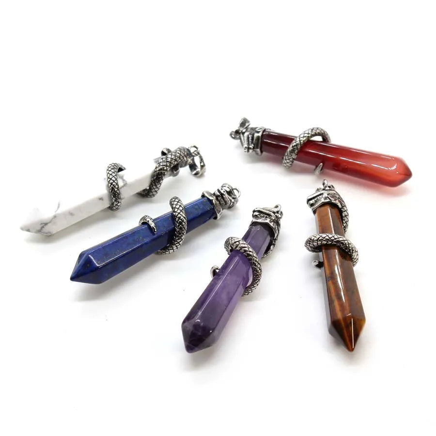 Snake Wrapped Crystal Hexagon Column Stone Pendulum Pendants