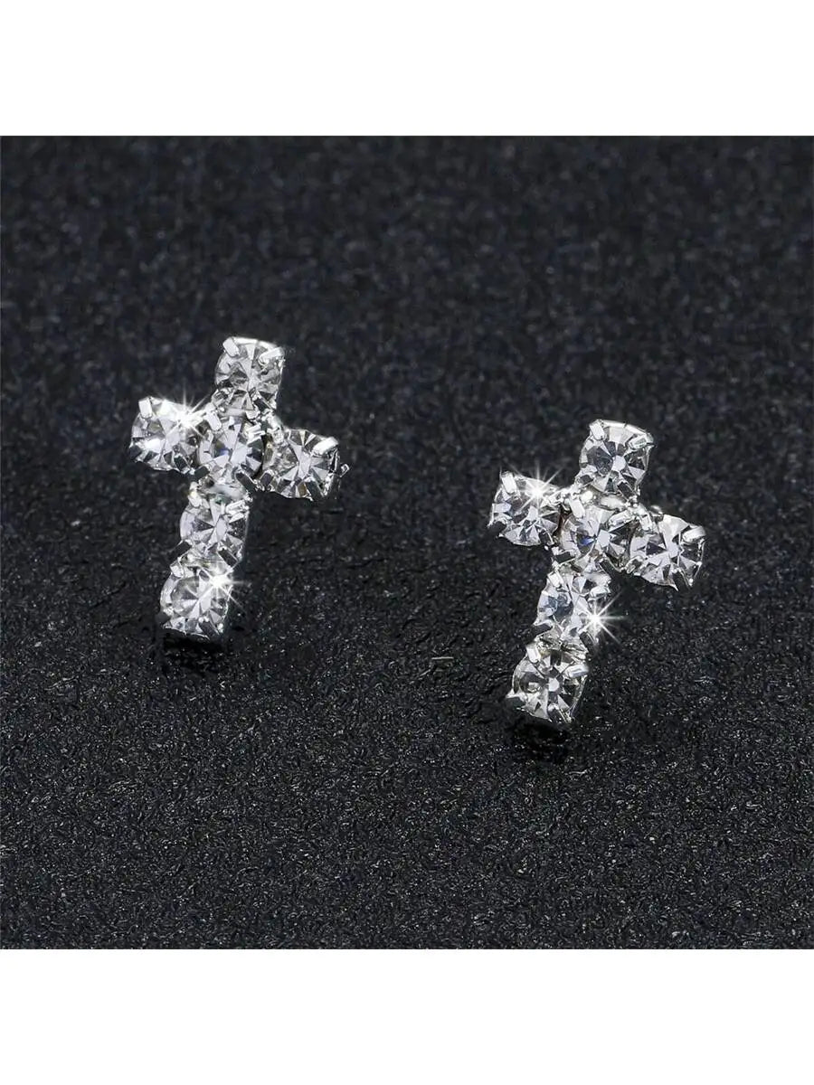 Elegant Sparkling Cross Stud Earrings For Daily Wear