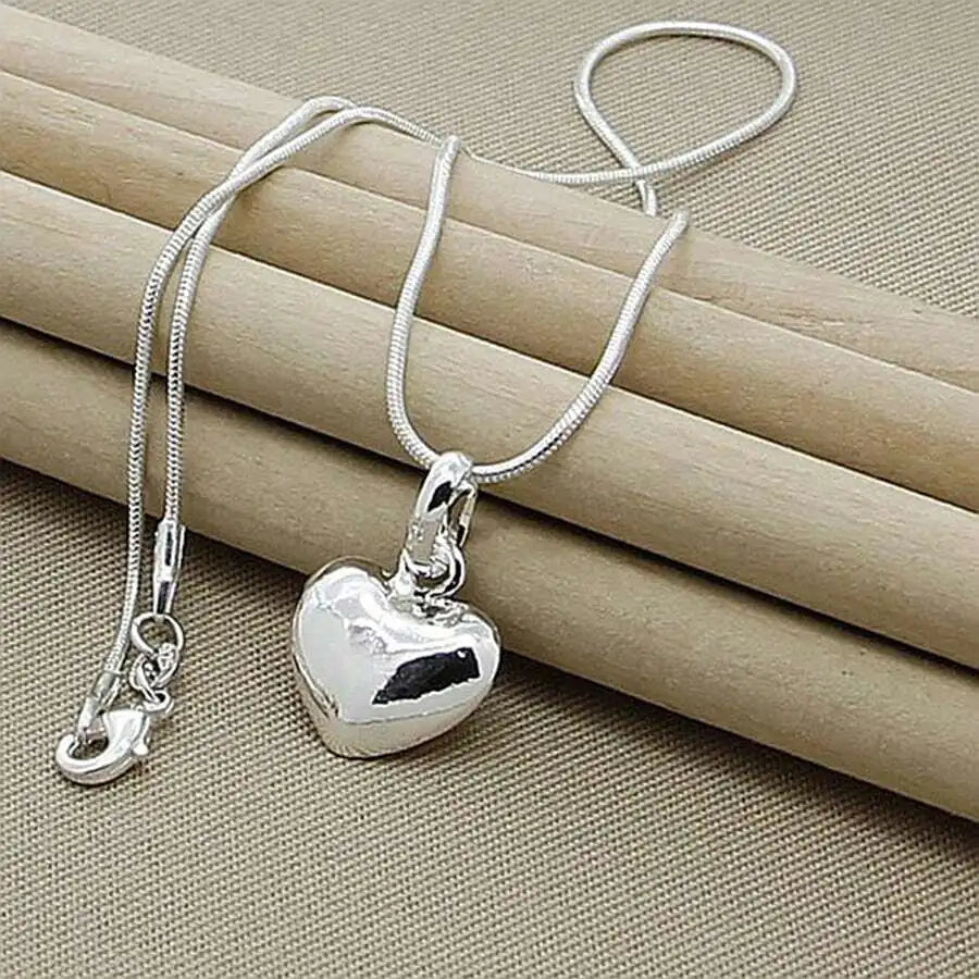 Charm Silver Solid Small Heart Pendant Necklace 16-30 Inch Snake Chain For Women