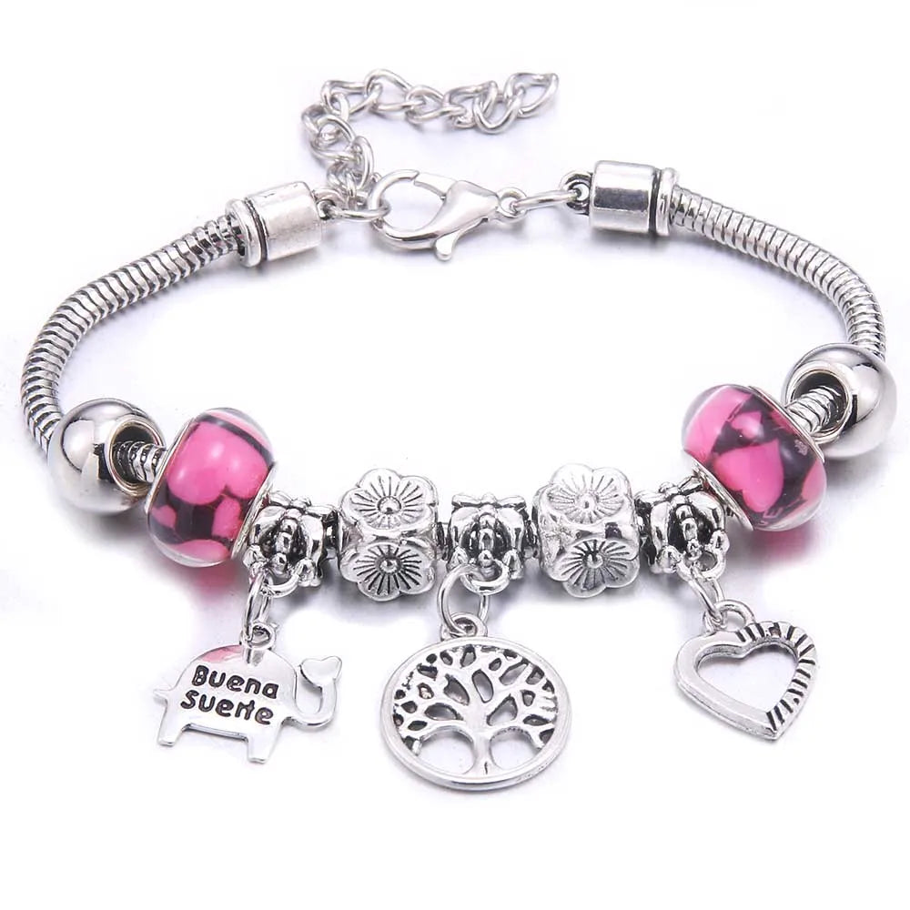 Pink Butterfly Charm Bracelet Snake Chain Lobster Clasp Beaded Bangle