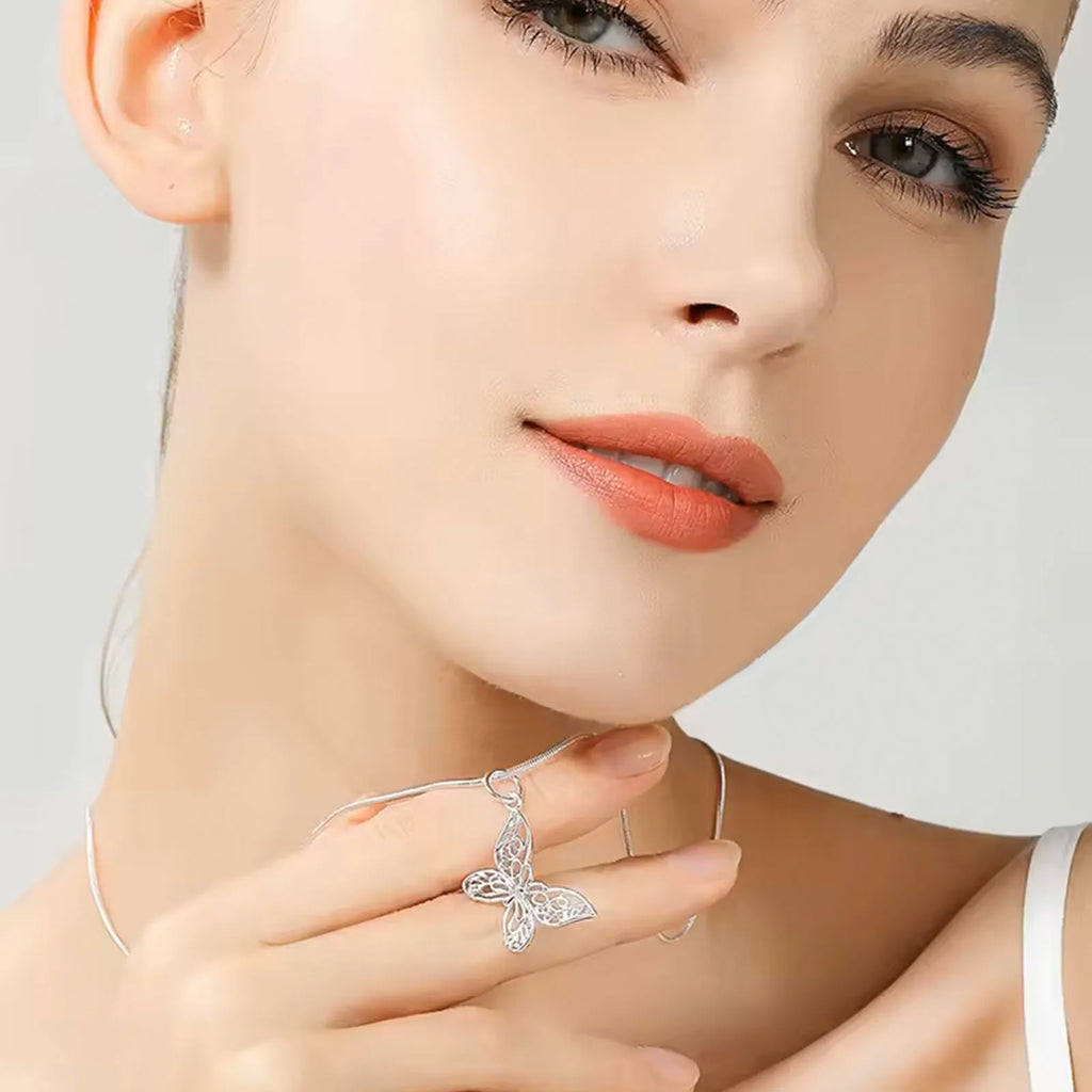 Elegant 925 Sterling Silver Butterfly Pendant Necklace Snake Chain For Women