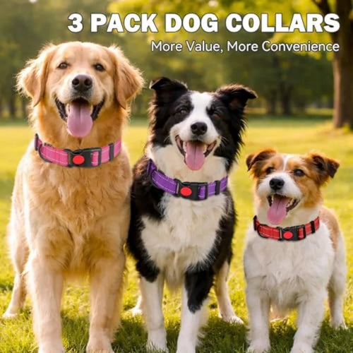 3 PCS Dog Collars for Small Dogs, Reflective Dog Collar Adjustable Soft Nylon with Safety Locking Buckle