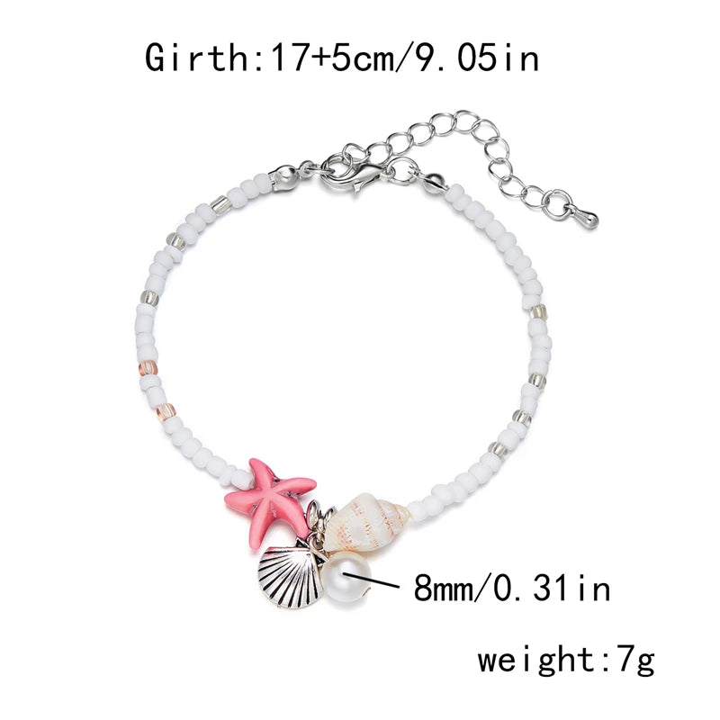 New Trend Starfish Conch Bracelet Anklets for Women Cute Adjustable Shell Rice Beads Ankle Bracelets
