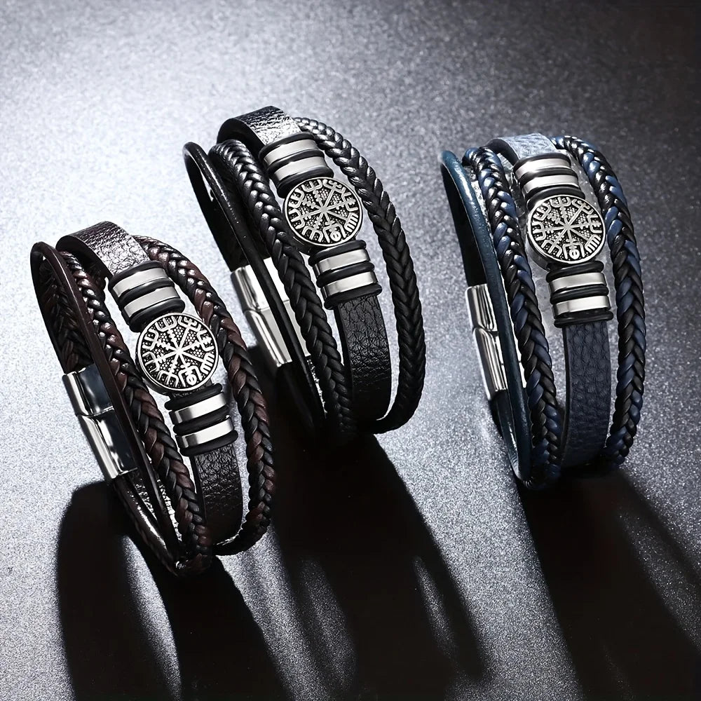 A Stylish Punk Multi-Layer Men's Bracelet, Trendy Compass Bracelet, Woven Rope Bracelet