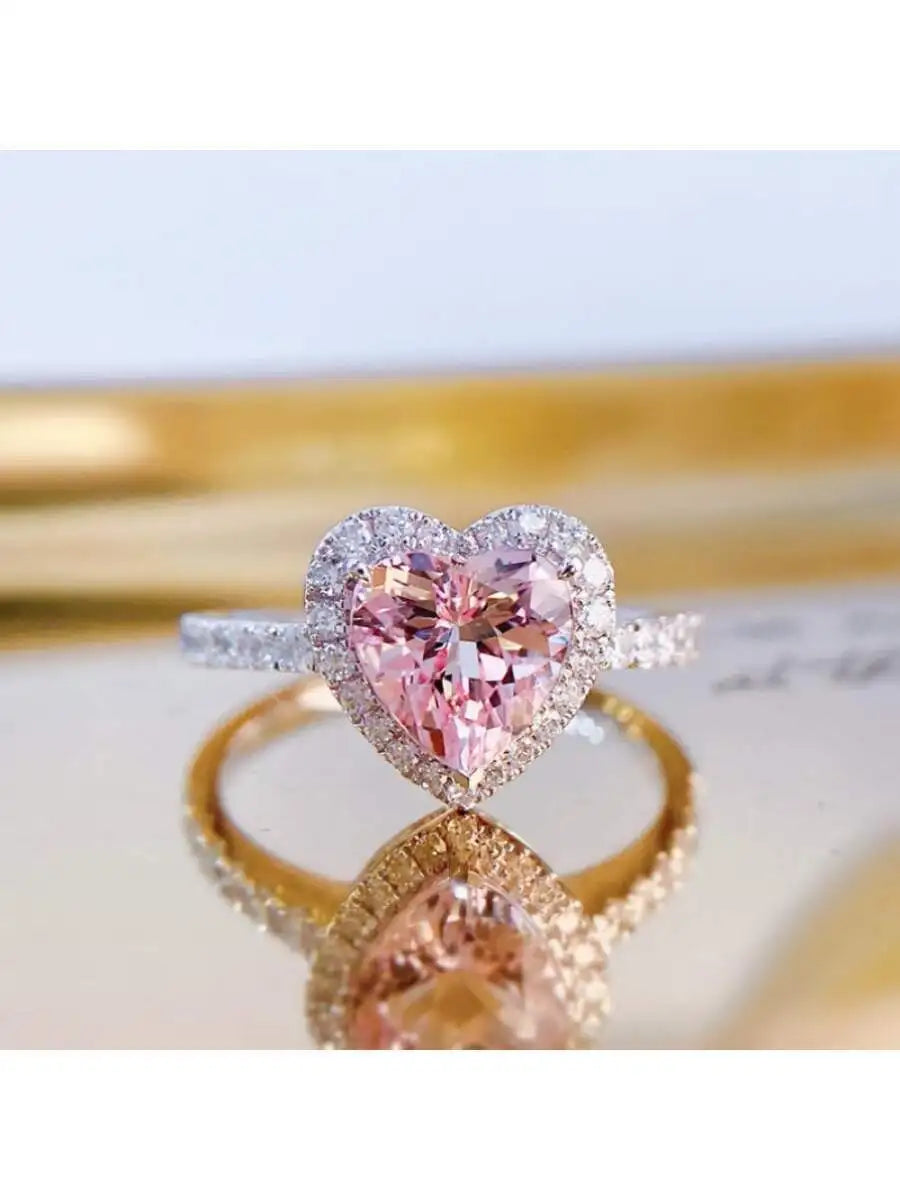 Heart Shape Pink Gemstone Pave Setting Fashion Ring For Women