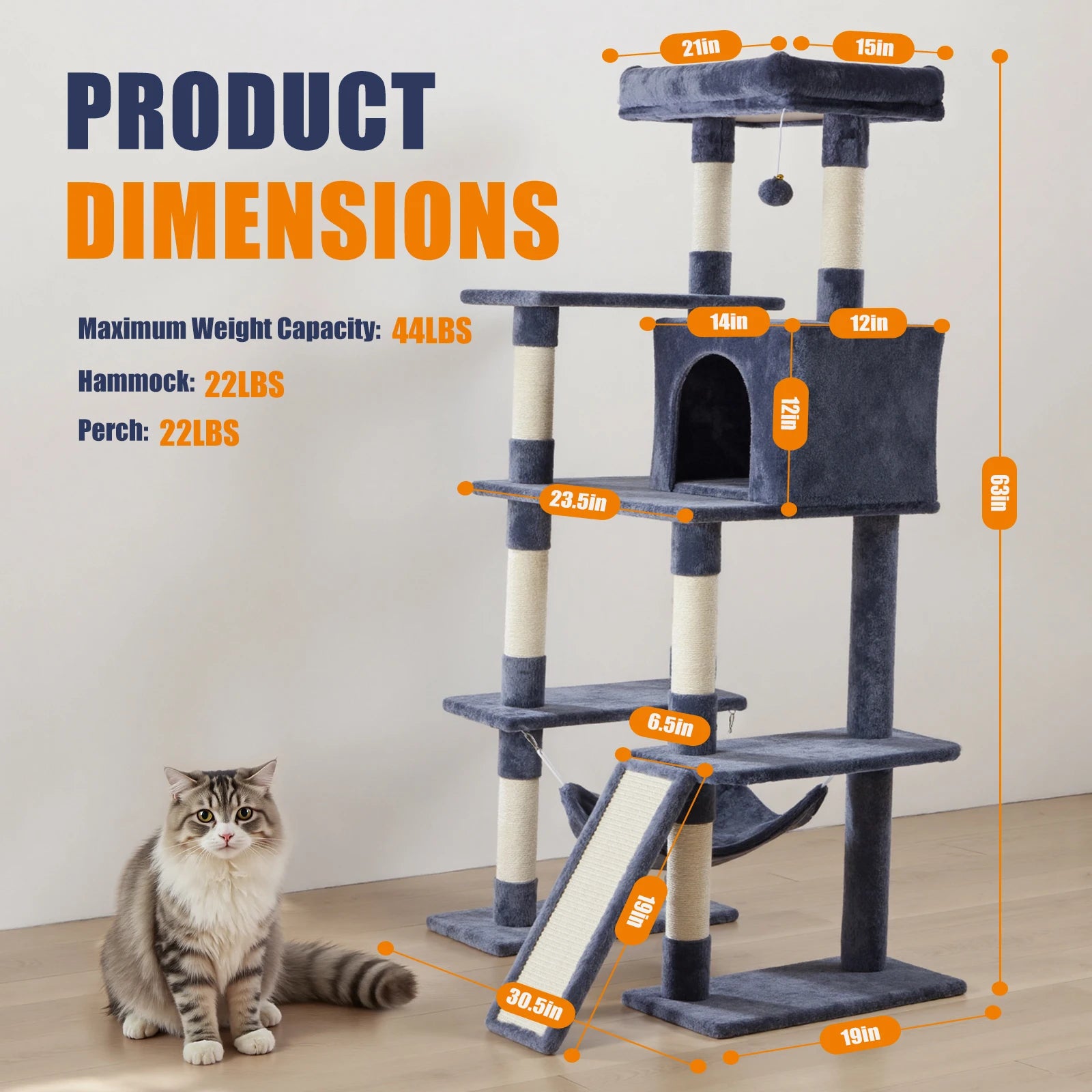 63In Cat Tree Tall Multi-Cat Climbing Tower Natural Sisal Scratching Posts Stable