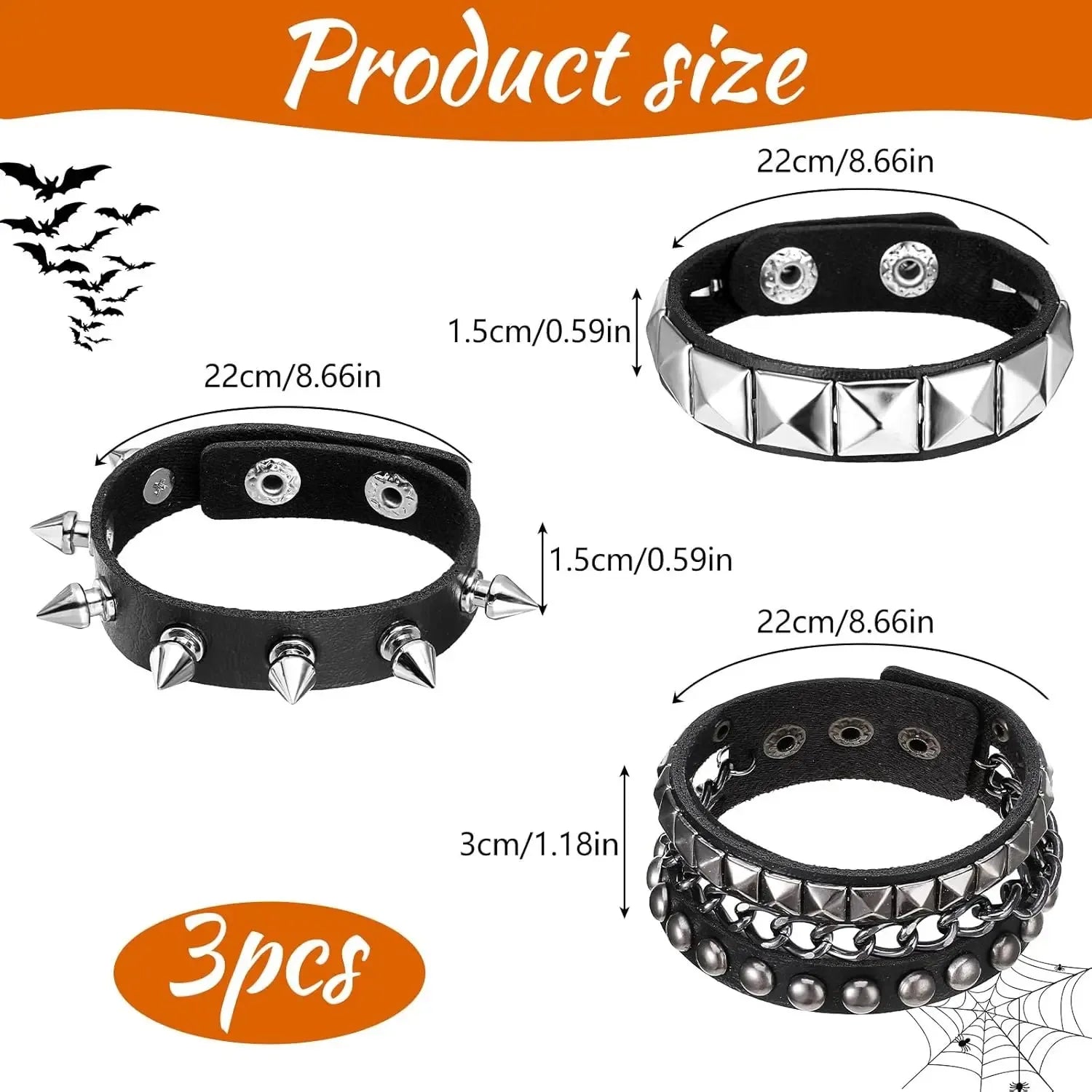 3 Piece Punk Rock Studded Bracelets Black Spiked Leather Cuff Bracelet for Men and Women Adjustable