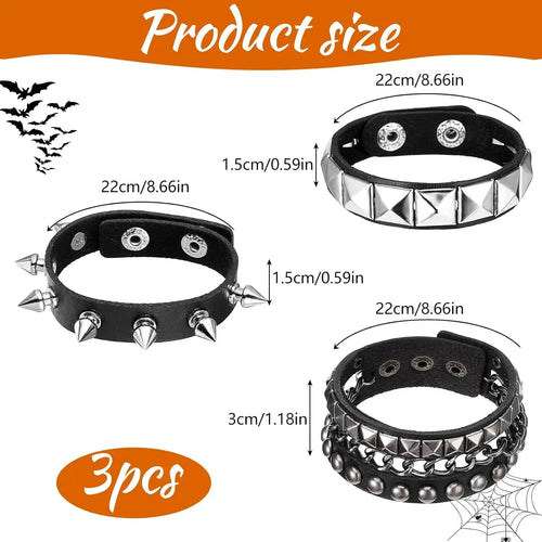 3 Piece Punk Rock Studded Bracelets Black Spiked Leather Cuff Bracelet for Men and Women Adjustable