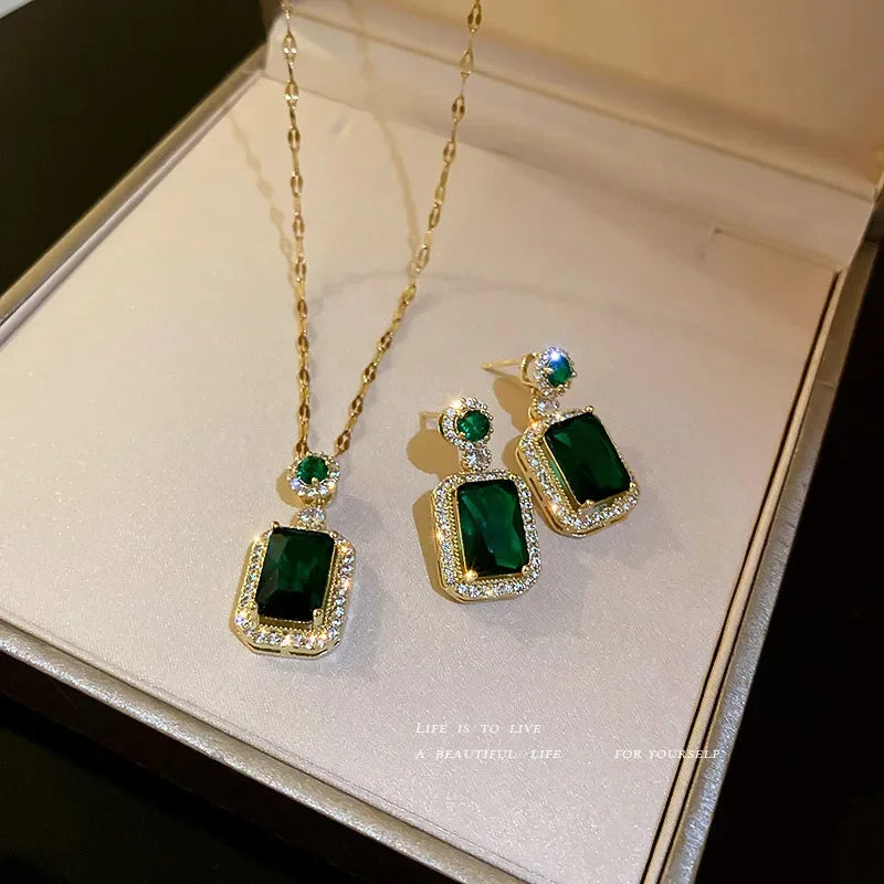 Silver Needle Zircon Emerald Artificial Crystal Earrings Necklace Set