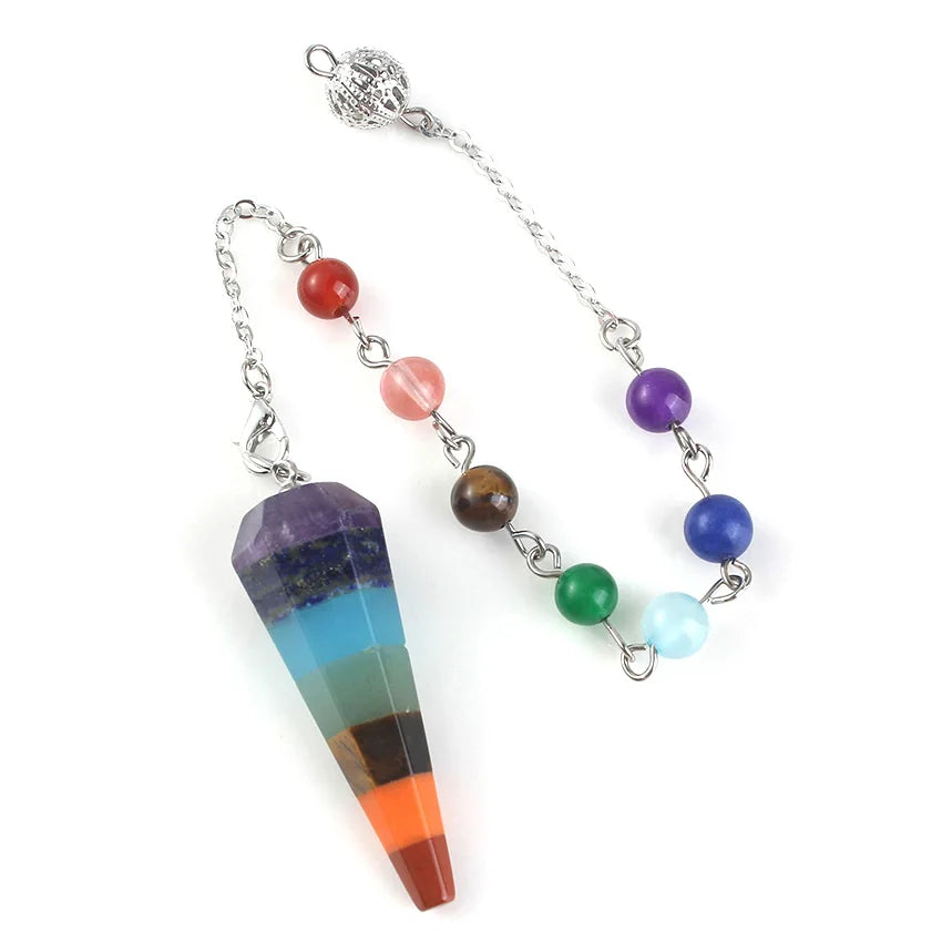 Natural Healing Crystal Quartz Hexagon Prism 7 Chakra Stone Layer Pendulum Pendant