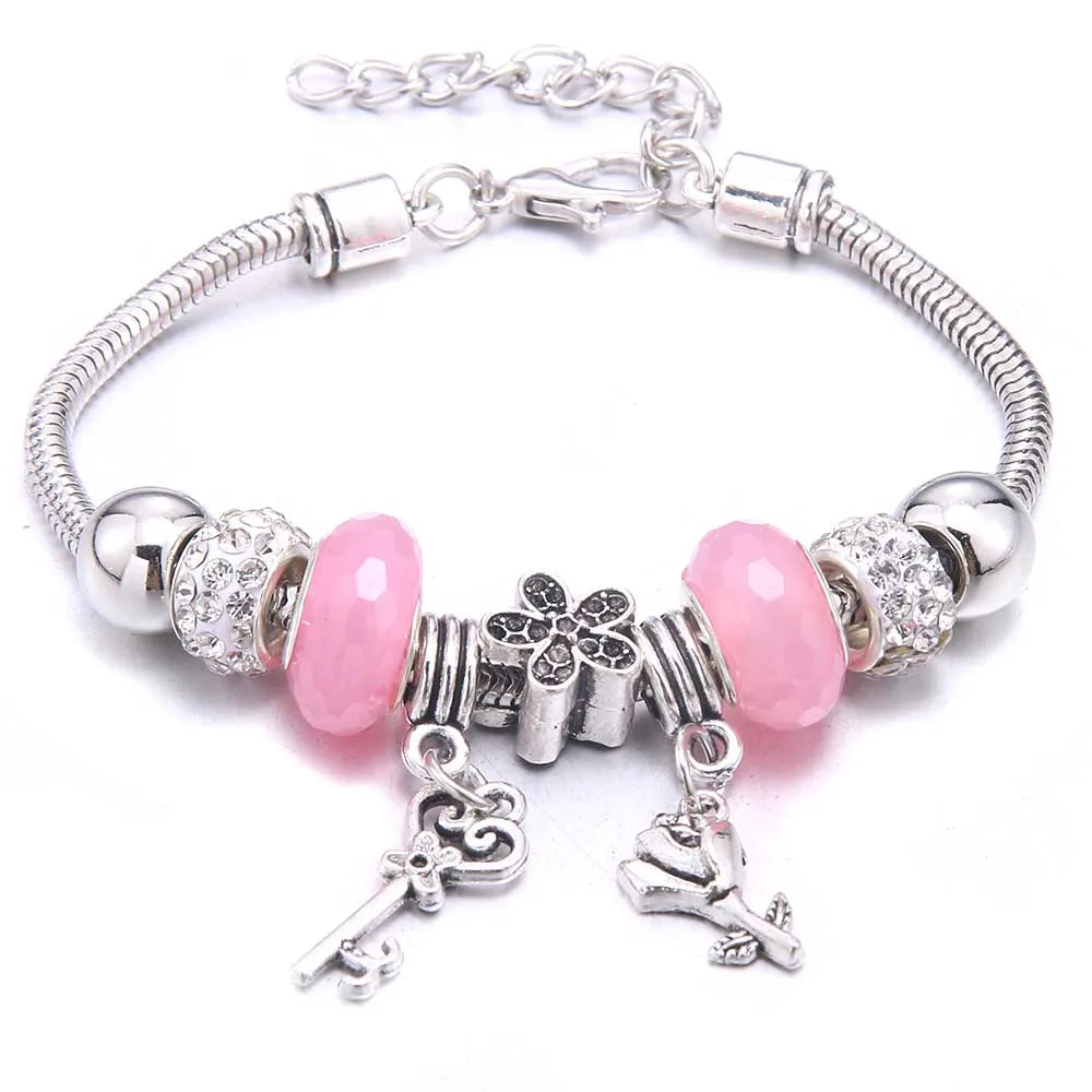 Pink Butterfly Charm Bracelet Snake Chain Lobster Clasp Beaded Bangle