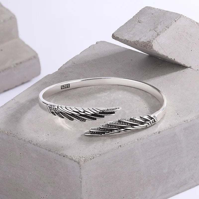 Retro Thai Silver Feather Simple Fashionable 925 Sterling Silver Personalized Design Wings Bracelets