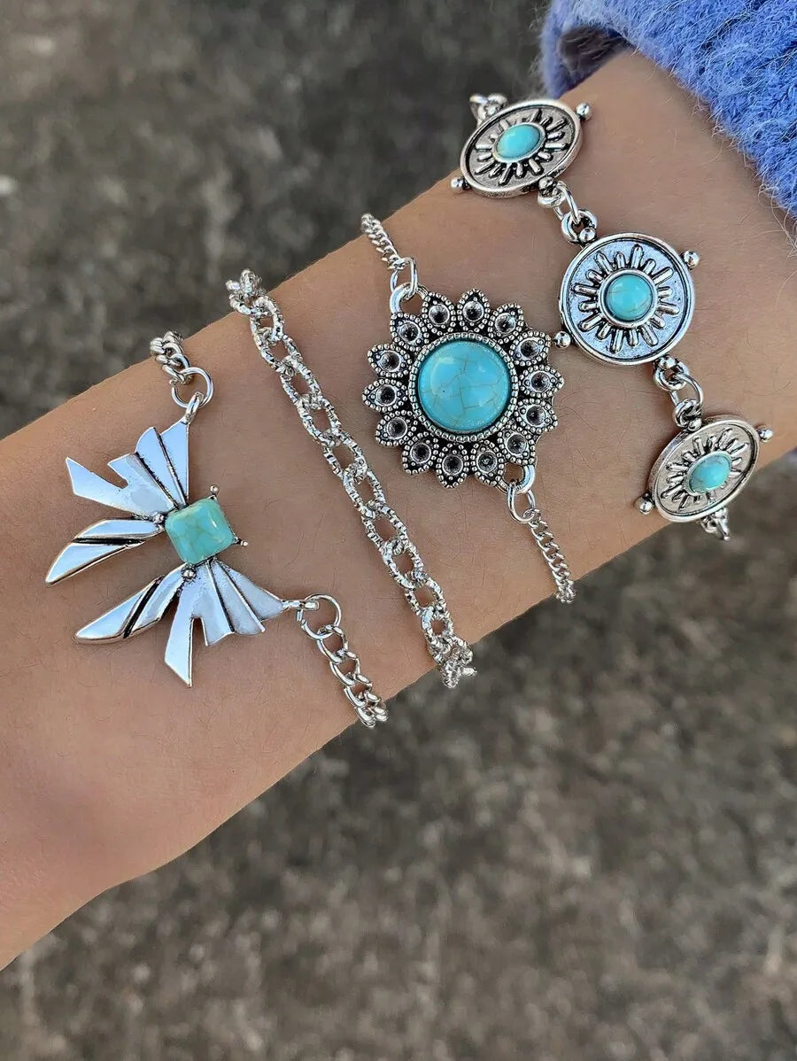 5pcs Turquoise Stone Bohemian Style Bracelet Set For Women Casual Fashion Jewelry