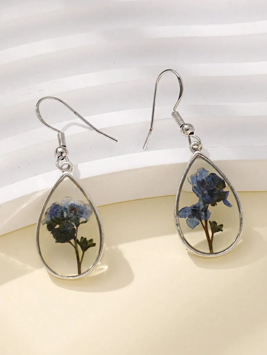 Gorgeous Dried Flower Pressed Resin Forget Me Not Blue Drop Earrings For Women