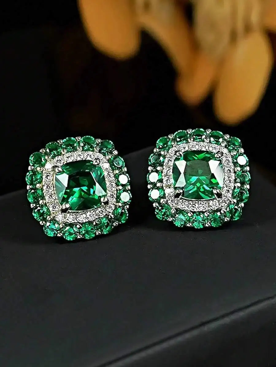 Square Cut Pink Cubic Zirconia Halo Stud Earrings For Women