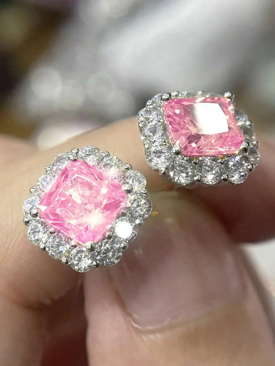 Square Cut Pink Cubic Zirconia Halo Stud Earrings For Women