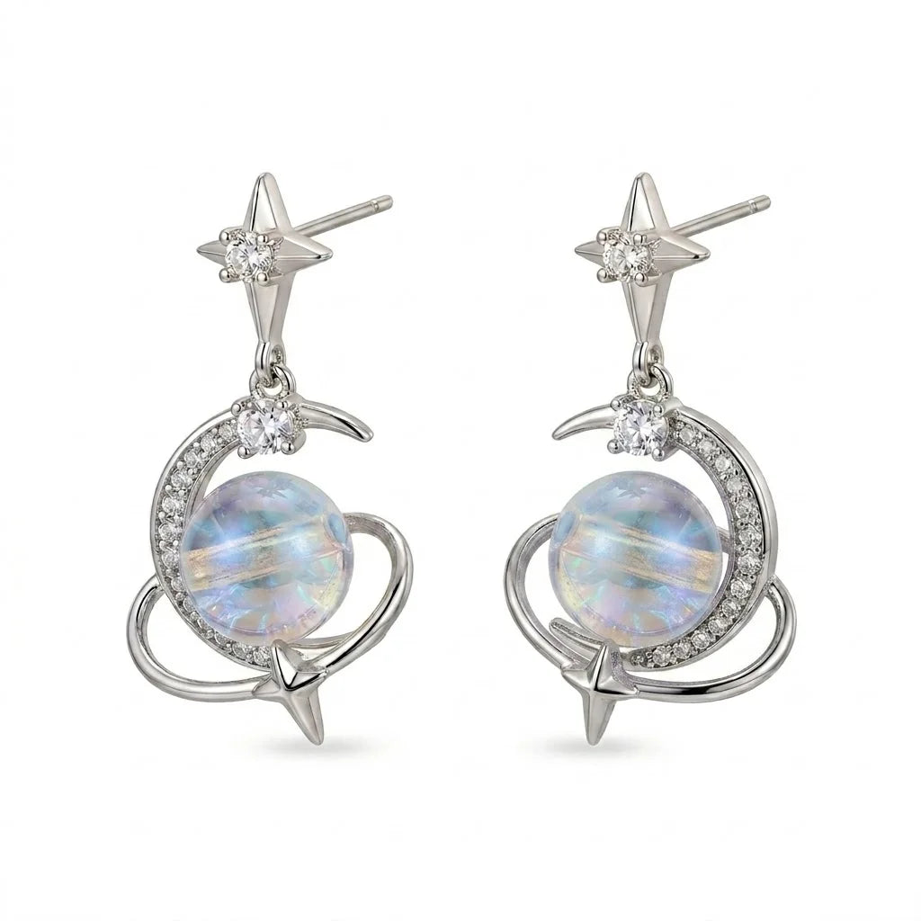 Authentic 925 Silver Star Zircon Moon Planet Drop Earrings Dreamy Aurora Moonstone Dangle Earring