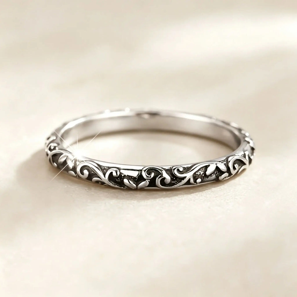 Retro old antique neutral style design engraving ring vine flower leaf pattern niche ring