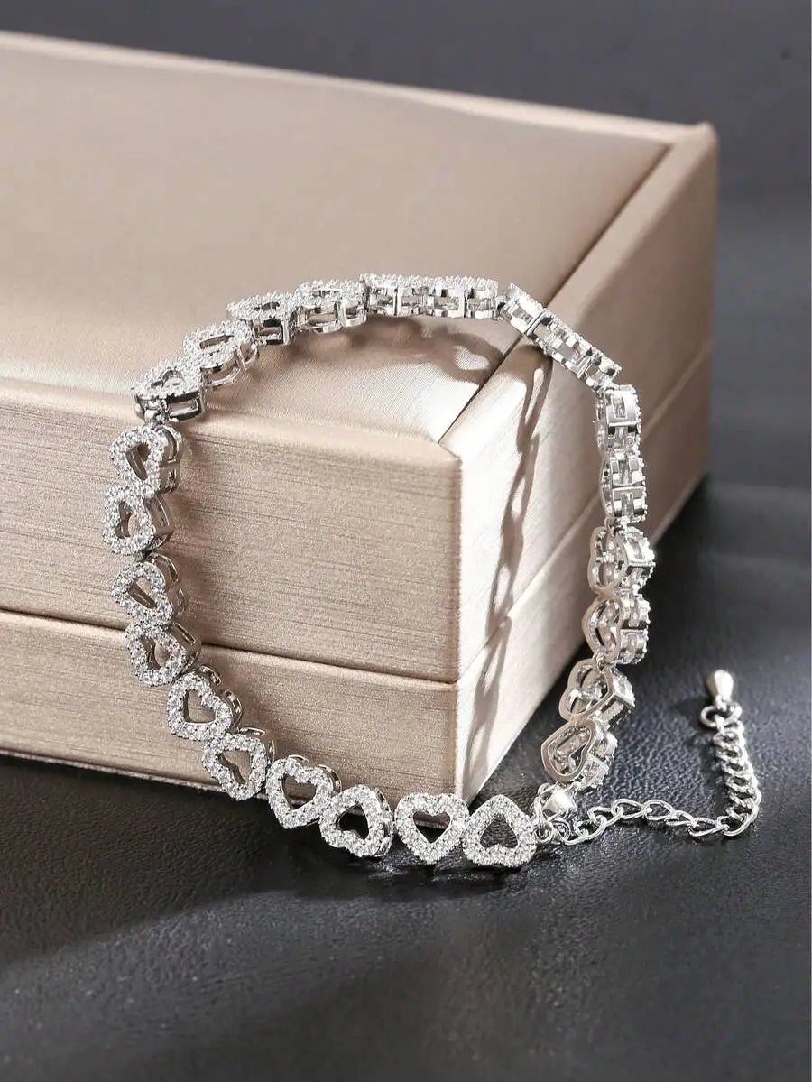 Luxury CuZirconia Heart Shaped Adjustable Bracelet, Minimalist Elegant Sparkly