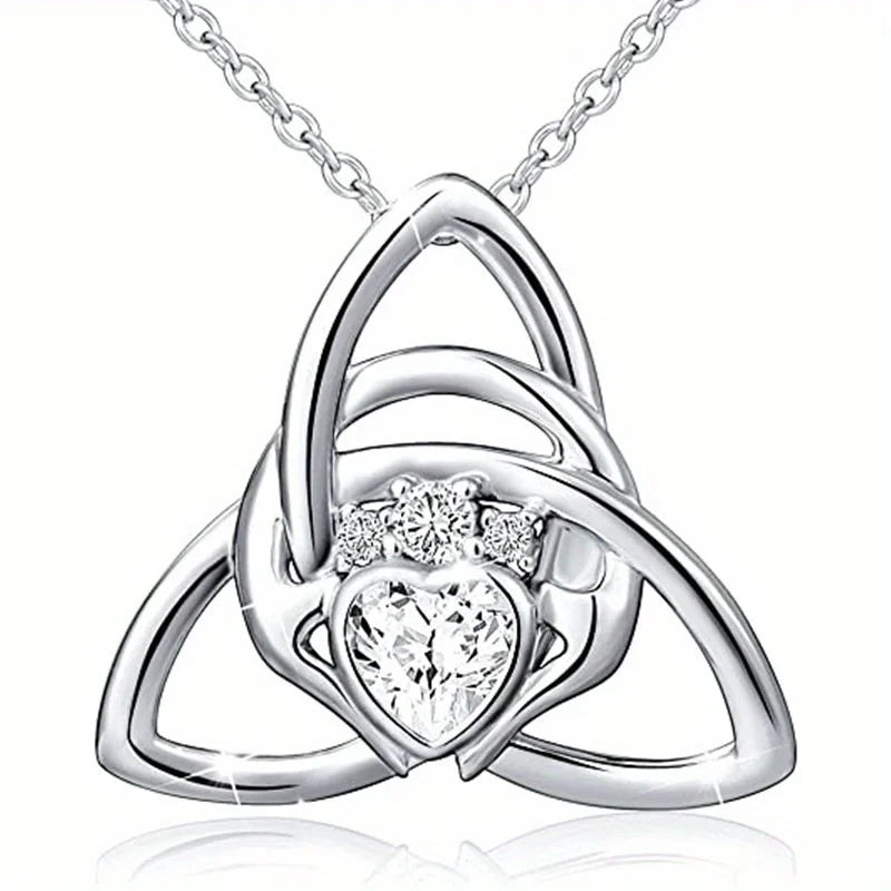 A Celtic knot triangle necklace - interwoven knot design, set with white synthetic zircon