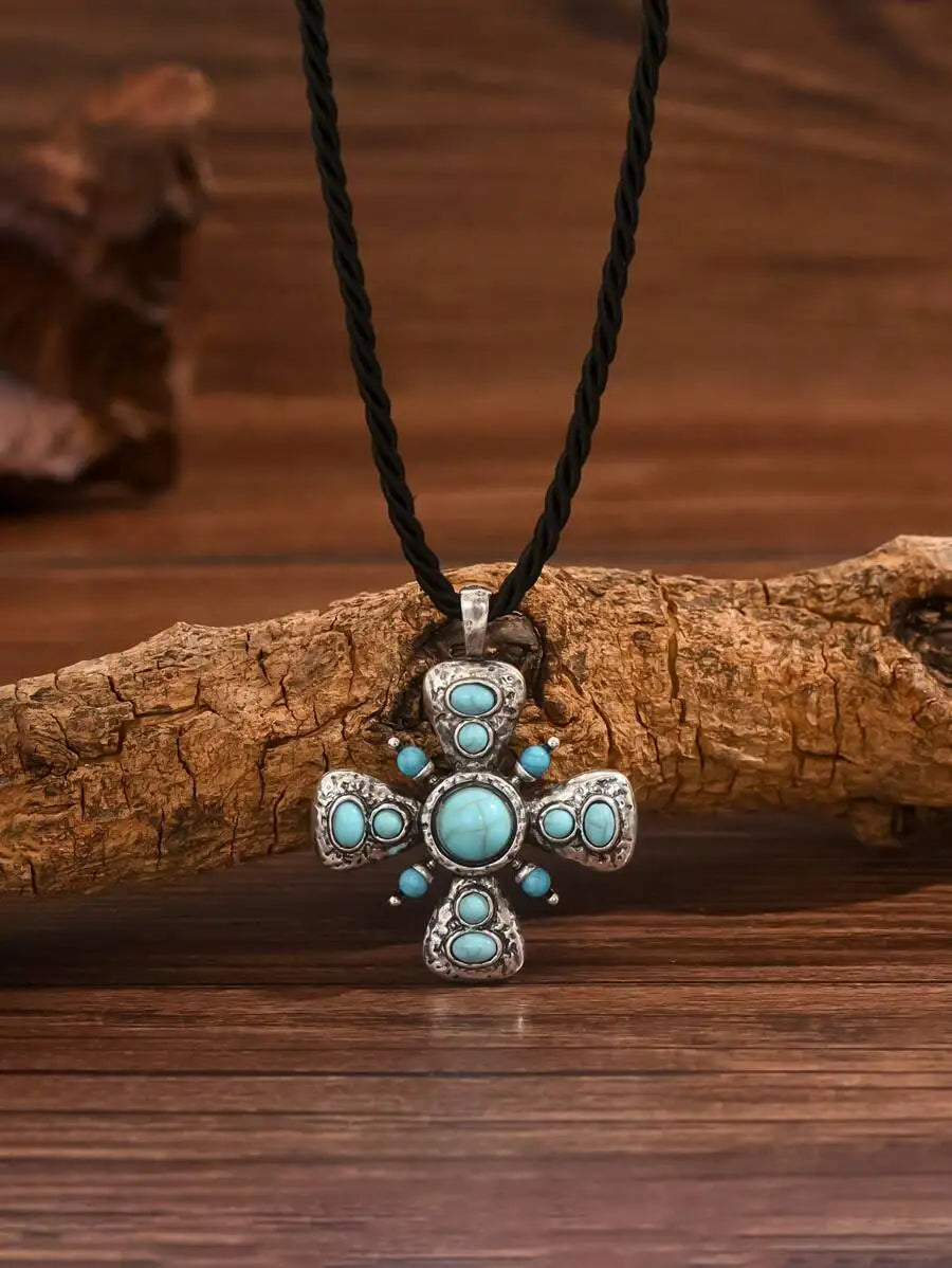 Vintage Bohemian Turquoise Inlaid Cross Pendant Necklace For Women