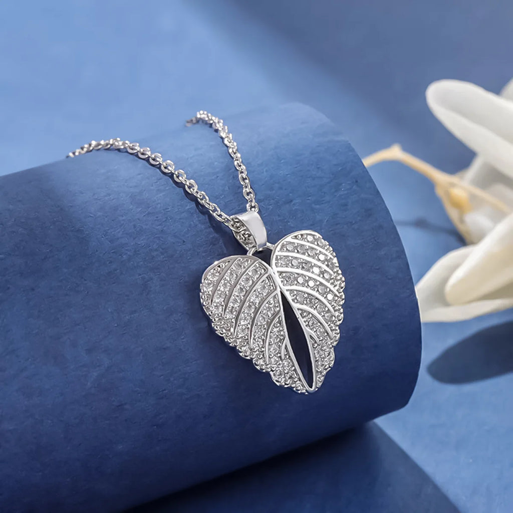 Fashion Crystal Angel Wings 925 Sterling Silver Heart Shaped Pendant Necklaces