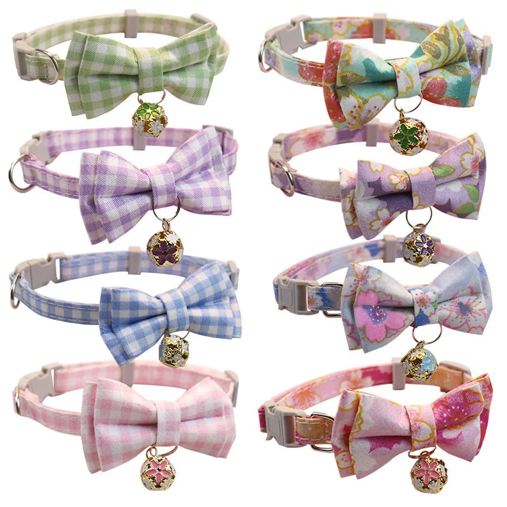 Beautiful pet collar cat dog bow plaid bell collar floral colored