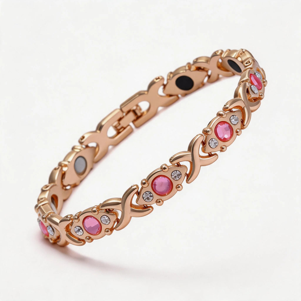 Rose Gold Magnetic Bracelet for Women, Pink Black Gemstone Crystal XO Link Health Bracelet
